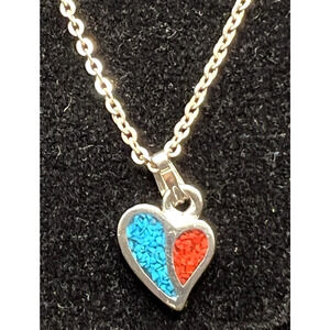 Native American Sterling Silver Turquoise Coral Heart Pendant Necklace "JW"